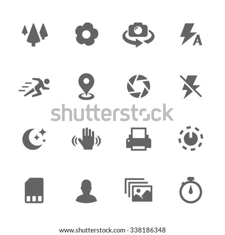 Simple Set of Photo Mode Related Vector Icons. Contains such icons as geo location, print,timer, settings and more. Modern vector pictogram collection.