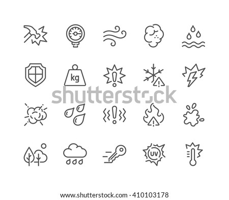 Simple Set of Influence Related Vector Line Icons. Contains such Icons as Water Resistance, Heat, Dust, Impact, Scratch, UV rays, Waterproof, Shockproof and more. Editable Stroke. 48x48 Pixel Perfect.