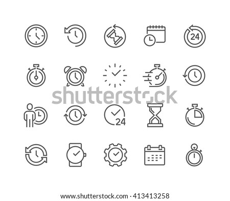 Simple Set of Time Related Vector Line Icons. 
Contains such Icons as Timer, Speed, Alarm, Restore, Time Management, Calendar and more. Editable Stroke. 48x48 Pixel Perfect. 
