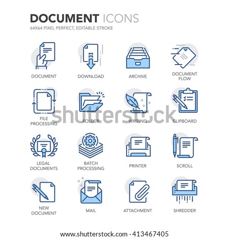 Simple Set of Document Related Color Vector Line Icons. 
Contains such Icons as Batch Processing, Legal Documents, Clipboard, Download, Document Flow and more. 
Editable Stroke. 64x64 Pixel Perfect. 
