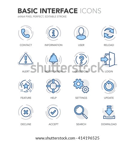 Simple Set of Basic Interface Related Color Vector Line Icons. 
Contains such Icons as Contact, Info, Alert, Notification, Settings, User Profile and more. Editable Stroke. 64x64 Pixel Perfect. 