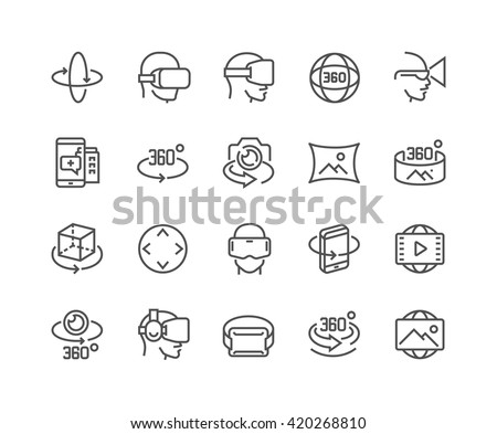 Simple Set of 360 Degree Image and Video Related Vector Line Icons. 
Contains such Icons as 360 Degree View, Panorama, Virtual Reality Helmet, Rotation Arrows and more. 