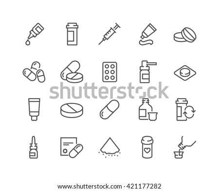 Simple Set of Pills Related Vector Line Icons. 
Contains such Icons as Gel, Inhaler, Prescription, Syrup and more. 
Editable Stroke. 48x48 Pixel Perfect.  Imagine de stoc © 