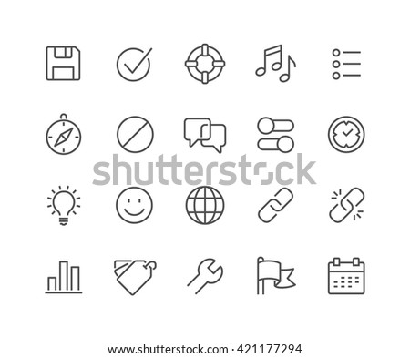 Simple Set of Interface Related Vector Line Icons. 
Contains such Icons as Settings, Help, Media, Links, Tags and more. 
Editable Stroke. 48x48 Pixel Perfect. 