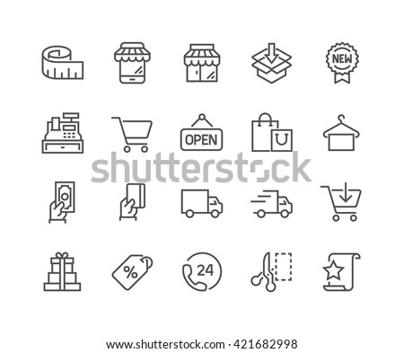 Simple Set of Shopping Related Vector Line Icons. 
Contains such Icons as Mobile Shop, Payment Options, Sizing Guide, Starred, Delivery and more. 
Editable Stroke. 48x48 Pixel Perfect. 