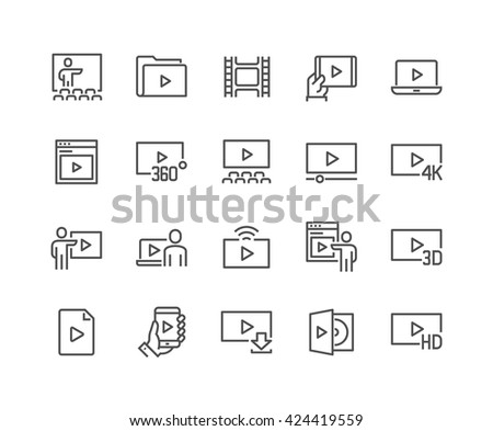 Simple Set of Video Related Vector Line Icons. 
Contains such Icons as Video Tape, Presentation, Streaming, Cinema Hall and more. 
Editable Stroke. 48x48 Pixel Perfect. 
