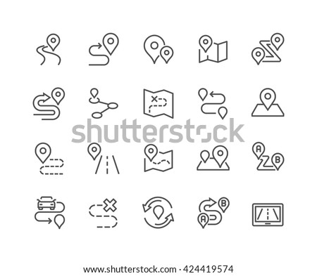Simple Set of Route Related Vector Line Icons. 
Contains such Icons as Map with a Pin, Route map, Navigator, Direction and more. 
Editable Stroke. 48x48 Pixel Perfect. 