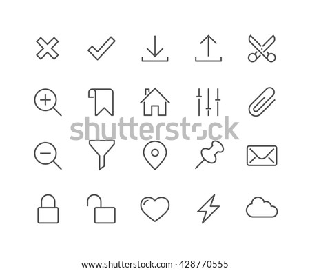 Simple Set of Interface Related Vector Line Icons. 
Contains such Icons as Accept, Decline, Zoom, Lock, Unlock, Download, Upload and more. 
Editable Stroke. 48x48 Pixel Perfect. 
