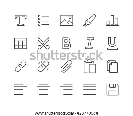 Simple Set of Text Editing Related Vector Line Icons. 
Contains such Icons as Copy, Paste, Insert Image, Marker and more. 
Editable Stroke. 48x48 Pixel Perfect. 