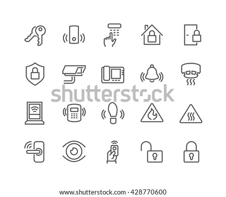 Simple Set of Home Security Related Vector Line Icons. 
Contains such Icons as Door Handle, Lock, Cam, CCTV, Remote and more. 
Editable Stroke. 48x48 Pixel Perfect. 