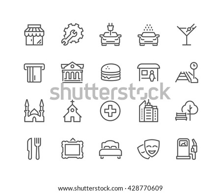 Simple Points of Interest Related Vector Line Icons. 
Contains such Icons as Food, Park, Museum, Hotel, Hostel, Bus Stop, Railway Station and more. 
Editable Stroke. 48x48 Pixel Perfect. 