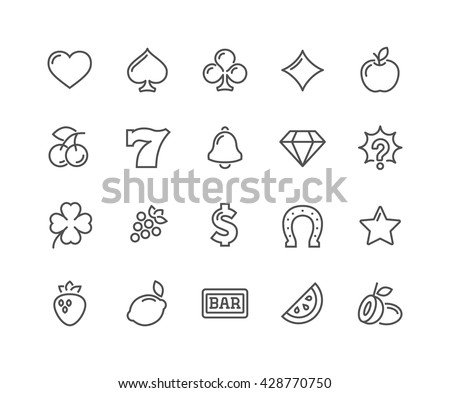 Simple Set of Slot Machine Vector Line Icons. 
Contains such Icons as Four-Leaf Clover, Diamond, Fruits and more. 
Editable Stroke. 48x48 Pixel Perfect. 