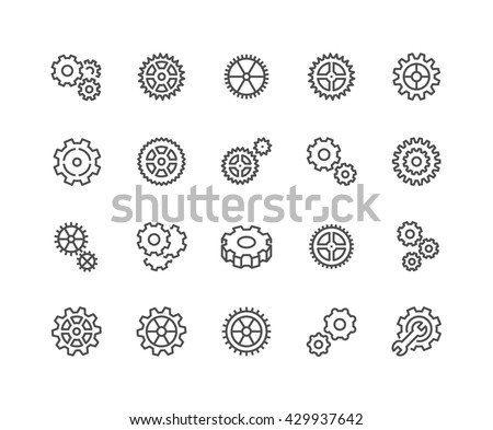 Simple Set of Gear Related Vector Line Icons. 
Contains such Icons as Settings, Transmission, Gearwheel and more. 
Editable Stroke. 48x48 Pixel Perfect. 