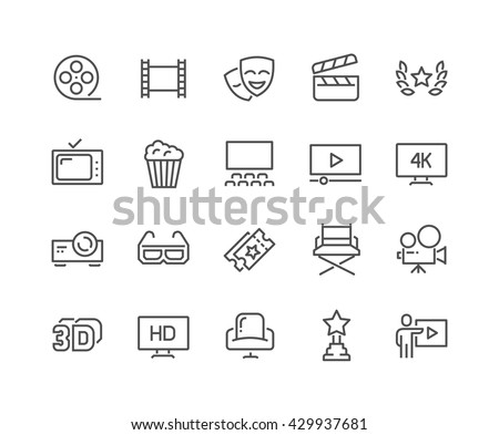 Simple Set of Cinema Related Vector Line Icons. 
Contains such Icons as Movie Theater, TV, Popcorn, Video Clip and more. 
Editable Stroke. 48x48 Pixel Perfect. 