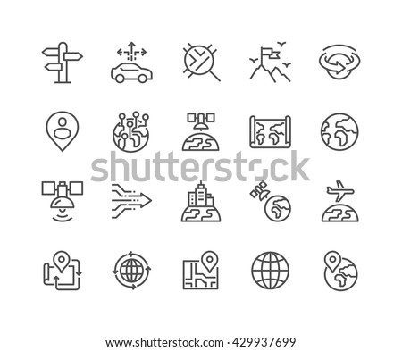 Simple Set of Global Navigation Related Vector Line Icons. 
Contains such Icons as World Map, Branch Office, Business trip and more. 
Editable Stroke. 48x48 Pixel Perfect. 