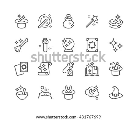 Simple Set of Magic Related Vector Line Icons. 
Contains such Icons as Magic Hat, Wand, Spell Book, Effect and more. 
Editable Stroke. 48x48 Pixel Perfect. 