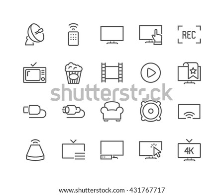 Simple Set of TV Related Vector Line Icons. 
Contains such Icons as Screen, Menu, Record and more. 
Editable Stroke. 48x48 Pixel Perfect. 