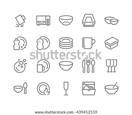 Simple Set of Dish and Plates Related Vector Line Icons. 
Contains such Icons as Plate Stack, Wineglass, Detergent, Unbreakable Dishes and more