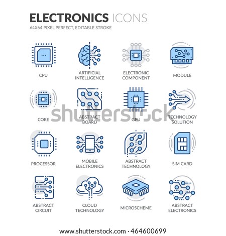 Simple Set of Electronics Related Color Vector Line Icons. 
Contains such Icons as CPU, Artificial Intelligence, Sim Card and more. 
Editable Stroke. 64x64 Pixel Perfect. 