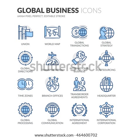 Simple Set of Global Business Related Color Vector Line Icons. 
Contains such Icons as Global Strategy, Outsourcing, Agreements and more.
Editable Stroke. 64×64 Pixel Perfect.