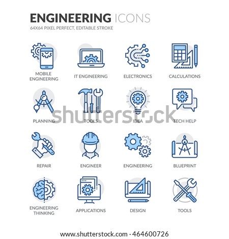 Simple Set of Engineering Related Color Vector Line Icons. 
Contains such Icons as Calculations, Blueprint, Engineer, App Design and more. 
Editable Stroke. 64x64 Pixel Perfect. 