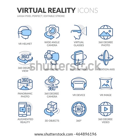 Simple Set of Virtual Reality Related Color Vector Line Icons. 
Contains such Icons as VR Helmet, 360 Degree Camera, Panoramic Photo and more.
Editable Stroke. 64x64 Pixel Perfect. 