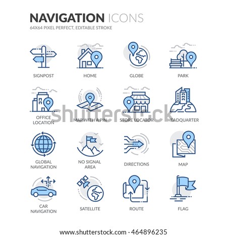 Simple Set of Navigation Related Color Vector Line Icons. 
Contains such Icons as Store Locator, Office, Home and more. 
Editable Stroke. 64x64 Pixel Perfect. 