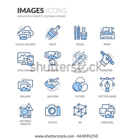 Simple Set of Images Related Color Vector Line Icons. 
Contains such Icons as 360 Degree View, Cloud Gallery, Filters and more.
Editable Stroke. 64x64 Pixel Perfect. 