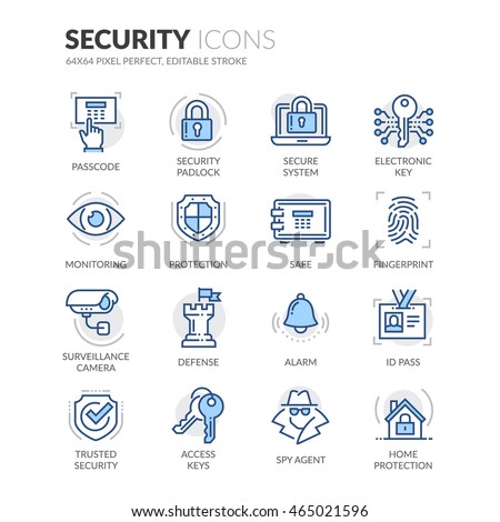 Simple Set of Security Related Color Vector Line Icons. 
Contains such Icons as Surveillance Camera, Fingerprint, ID pass and more.
Editable Stroke. 64x64 Pixel Perfect.