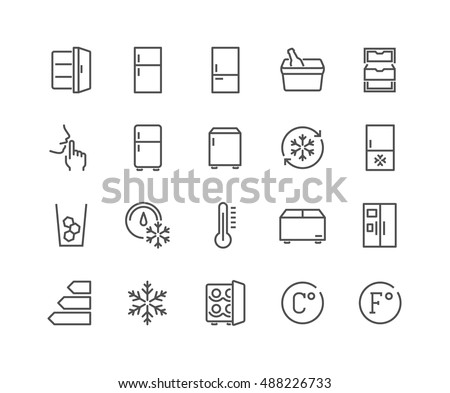 Simple Set of Fridge Related Vector Line Icons. 
Contains such Icons as Portable Fridge, Ice Machine, Silence and more.
Editable Stroke. 48x48 Pixel Perfect.