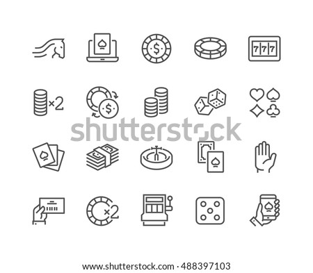 Simple Set of Gambling Related Vector Line Icons. 
Contains such Icons as Slot Machine, Roulette, Dice, On Line Poker and more.
Editable Stroke. 48x48 Pixel Perfect.