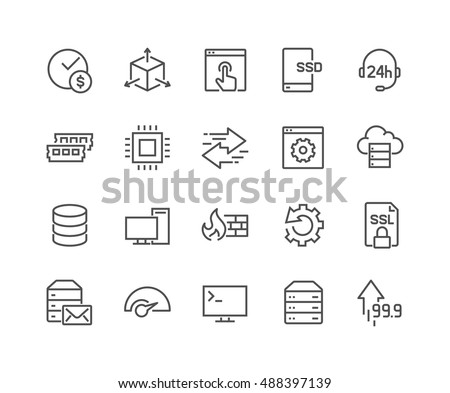 Simple Set of Hosting Related Vector Line Icons. 
Contains such Icons as SSD Disk, Control Panel, Traffic, Firewall and more.
Editable Stroke. 48x48 Pixel Perfect.