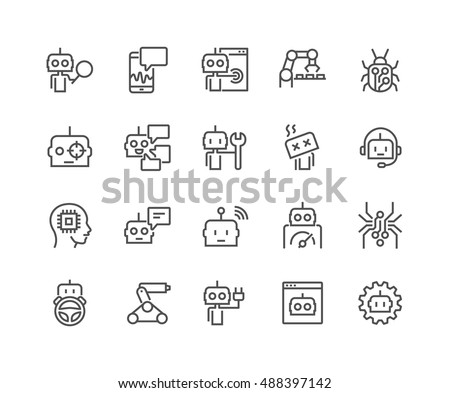 Simple Set of Robots Related Vector Line Icons. 
Contains such Icons as Autopilot, Chatbot, Broken Bot and more.
Editable Stroke. 48x48 Pixel Perfect.