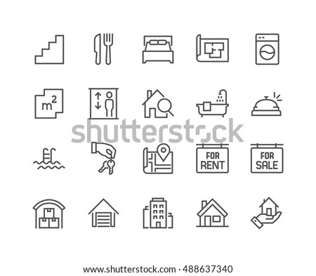 Simple Set of Real Estate Related Vector Line Icons. 
Contains such Icons as Map, Plan, Bedrooms, Area, Bell and more.
Editable Stroke. 48x48 Pixel Perfect.
