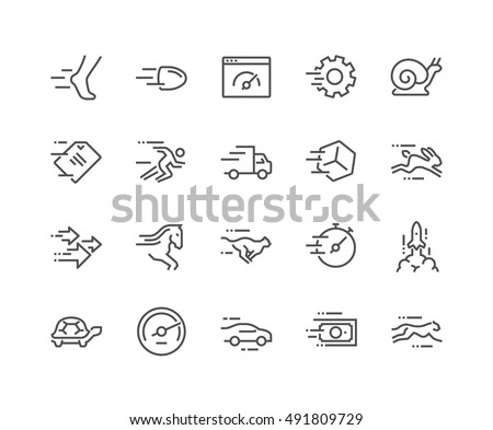 Simple Set of Speed Related Vector Line Icons. 
Contains such Icons as Cheetah, Snail, Express Delivery, Rocket, Race and more.  Editable Stroke. 48×48 Pixel Perfect.