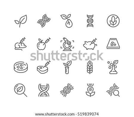 Simple Set of GMO Related Vector Line Icons. 
Contains such Icons as DNA, Lab Tests, Petri Dish and more.
Editable Stroke. 48x48 Pixel Perfect.