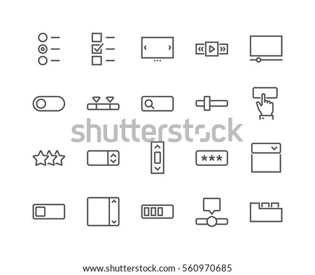 Simple Set of UI Elements Related Vector Line Icons. 
Contains such Icons as Dropdown, Check Boxes, Tabs and more.
Editable Stroke. 48x48 Pixel Perfect.
