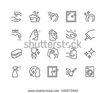 Simple Set of Cleaning Related Vector Line Icons. 
Contains such Icons as Spray, Dust, Clean Surface, Sponge and more.
Editable Stroke. 48x48 Pixel Perfect.