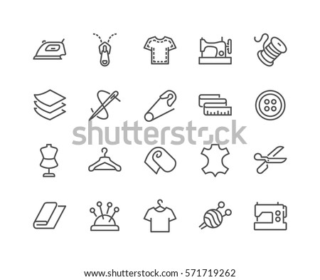 Simple Set of Sewing Related Vector Line Icons. 
Contains such Icons as Sewing Machine, Measuring Tape, Wool and more.
Editable Stroke. 48x48 Pixel Perfect.