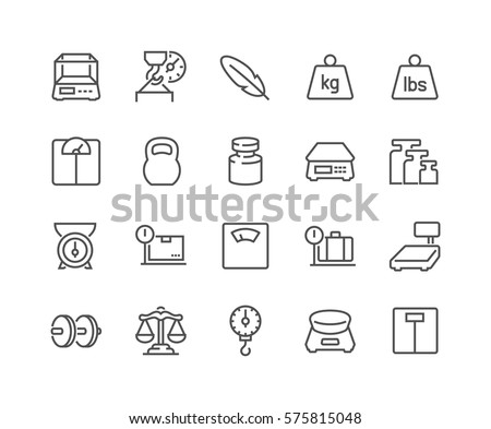 Simple Set of Weight Related Vector Line Icons. 
Contains such Icons as Scales, Feather, Balance and more.
Editable Stroke. 48x48 Pixel Perfect. Foto stock © 