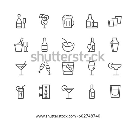 Simple Set of Alcohol Related Vector Line Icons. 
Contains such Icons as Champagne, Whiskey, Cocktail, Shots and more.
Editable Stroke.
