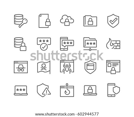 Simple Set of Data Security Related Vector Line Icons. 
Contains such Icons as Firewall, Pirate Flag, Web Spider, Password and more.
Editable Stroke.