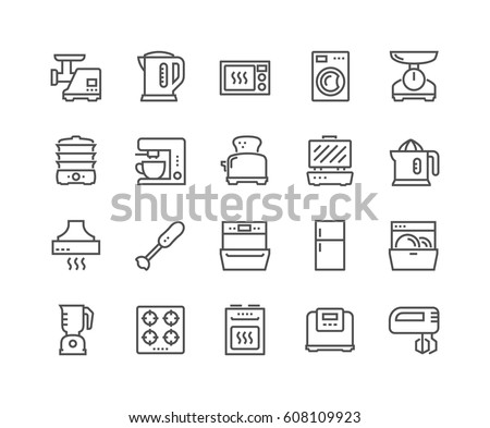 Simple Set of Kitchen Appliances Related Vector Line Icons. 
Contains such Icons as Meat Grinder, Boiler, Multi Cooker and more.
Editable Stroke. 48x48 Pixel Perfect.