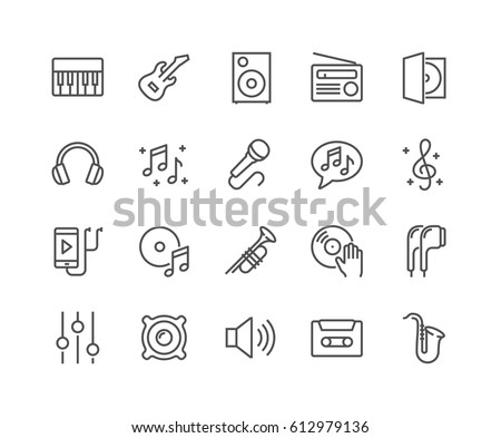 Simple Set of Music Related Vector Line Icons. 
Contains such Icons as Guitar, Treble Clef, In-ear Headphones, Trumpet and more.
Editable Stroke. 48x48 Pixel Perfect.