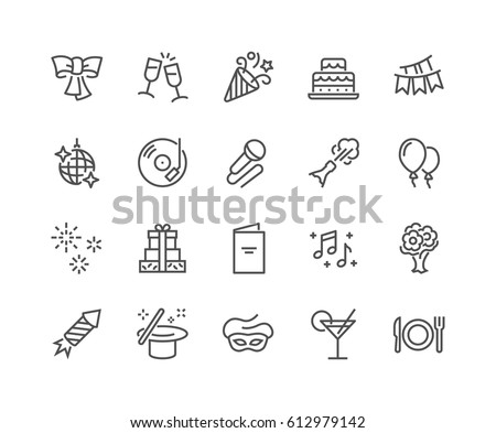 Simple Set of Party Related Vector Line Icons. 
Contains such Icons as Bouquet of Flowers, Karaoke, Dj, Masquerade and more.
Editable Stroke. 48x48 Pixel Perfect.