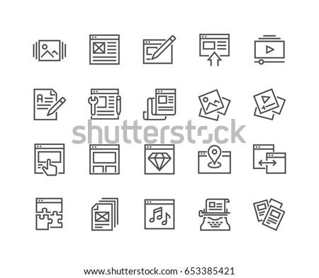 Simple Set of Web Content Related Vector Line Icons. 
Contains such Icons as Landing Page, Image and Video Gallery, Page Components and more.
Editable Stroke. 48x48 Pixel Perfect.