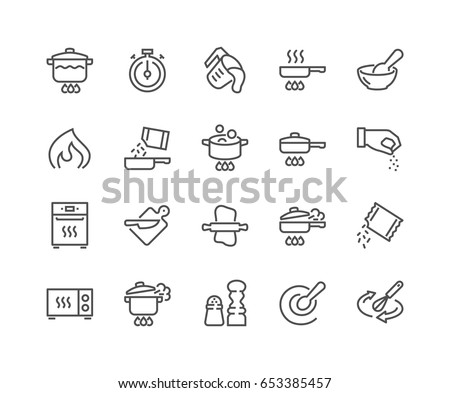 Simple Set of Cooking Related Vector Line Icons. 
Contains such Icons as Frying Pan, Boiling, Flavoring, Blending and more.
Editable Stroke. 48x48 Pixel Perfect.