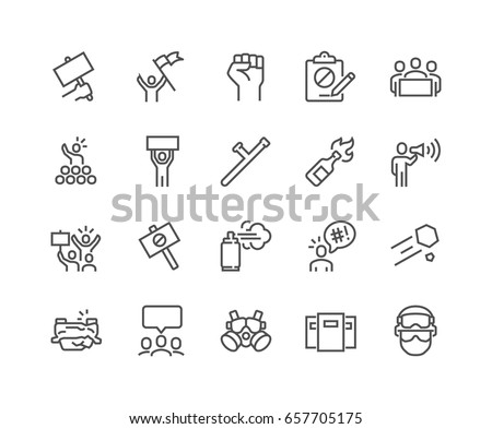 Simple Set of Protest Related Vector Line Icons. 
Contains such Icons as Petition, Police Forces, Riot, Strike and more. Editable Stroke. 48x48 Pixel Perfect.