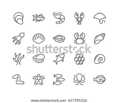 Simple Set of Sea Food Related Vector Line Icons. 
Contains such Icons as Shrimp, Oyster, Squid, Crab and more.
Editable Stroke. 48x48 Pixel Perfect.