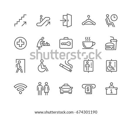 Simple Set of Public Navigation Related Vector Line Icons. 
Contains such Icons as Cloakroom, Elevator, Exit, Taxi, ATM and more.
Editable Stroke. 48x48 Pixel Perfect.